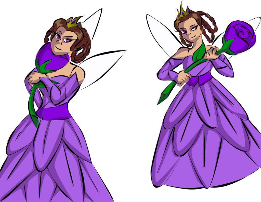 Two illustrated pictures of Queen Sparkleberry, a fairy. She has tanned skin, purple eyes, and brown braided hair. She is wearing a purple dress made from flower petals, and holds a large purple rose. She has a gold and purple tiara and transparent wings. She has a slight smile.
